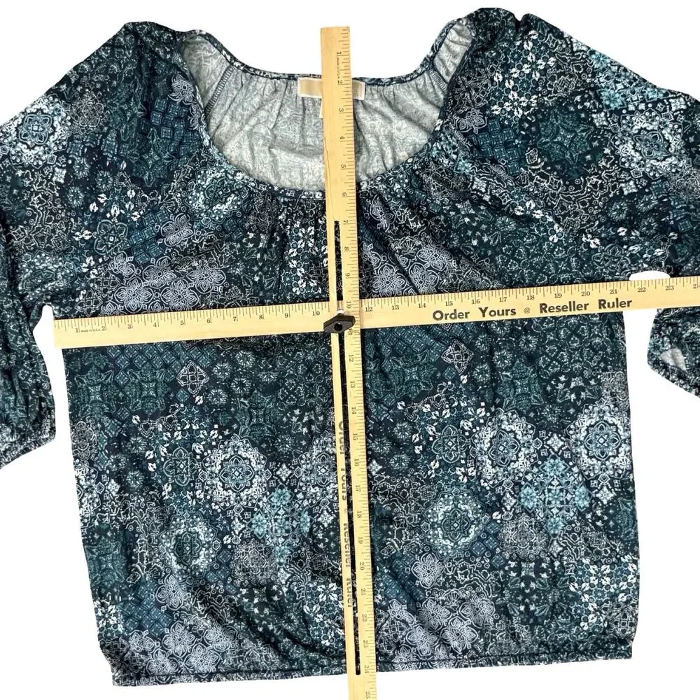 Michael Kors Blue Paisley Floral Scoop Neck Bracelet Sleeve Blouse Top size L - Picture 9 of 10